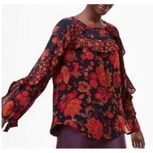 Loft Women's Long Ruffle Sleeve Blouse Top black Orange Floral Polyester Size XS
